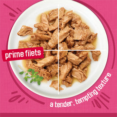 Friskies Prime Filets sabor pollo en lata de 5.5 oz para comida completa.