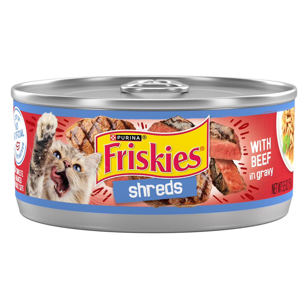 Friskies deshilachado de ternera en salsa, textura suave para gatos de boca pequeña.