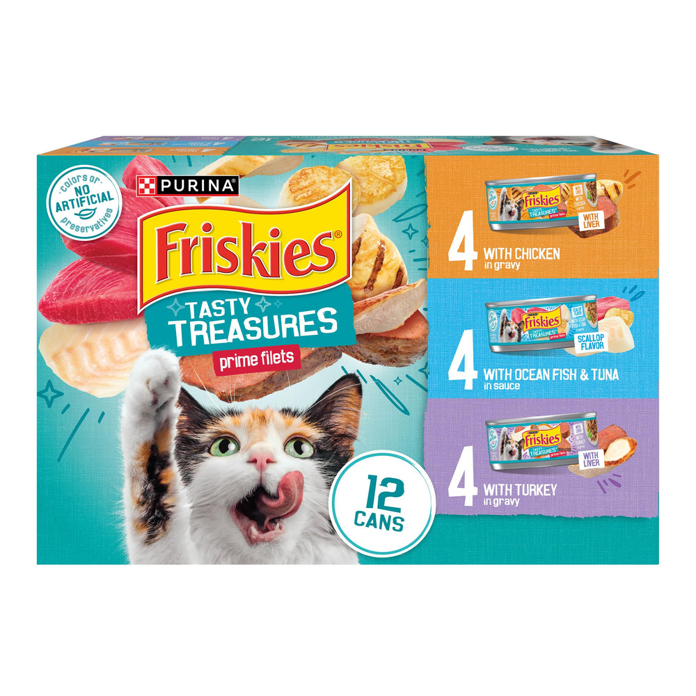 Friskies Tasty Treasures mariscos en lata, sabor marino que estimula el apetito.