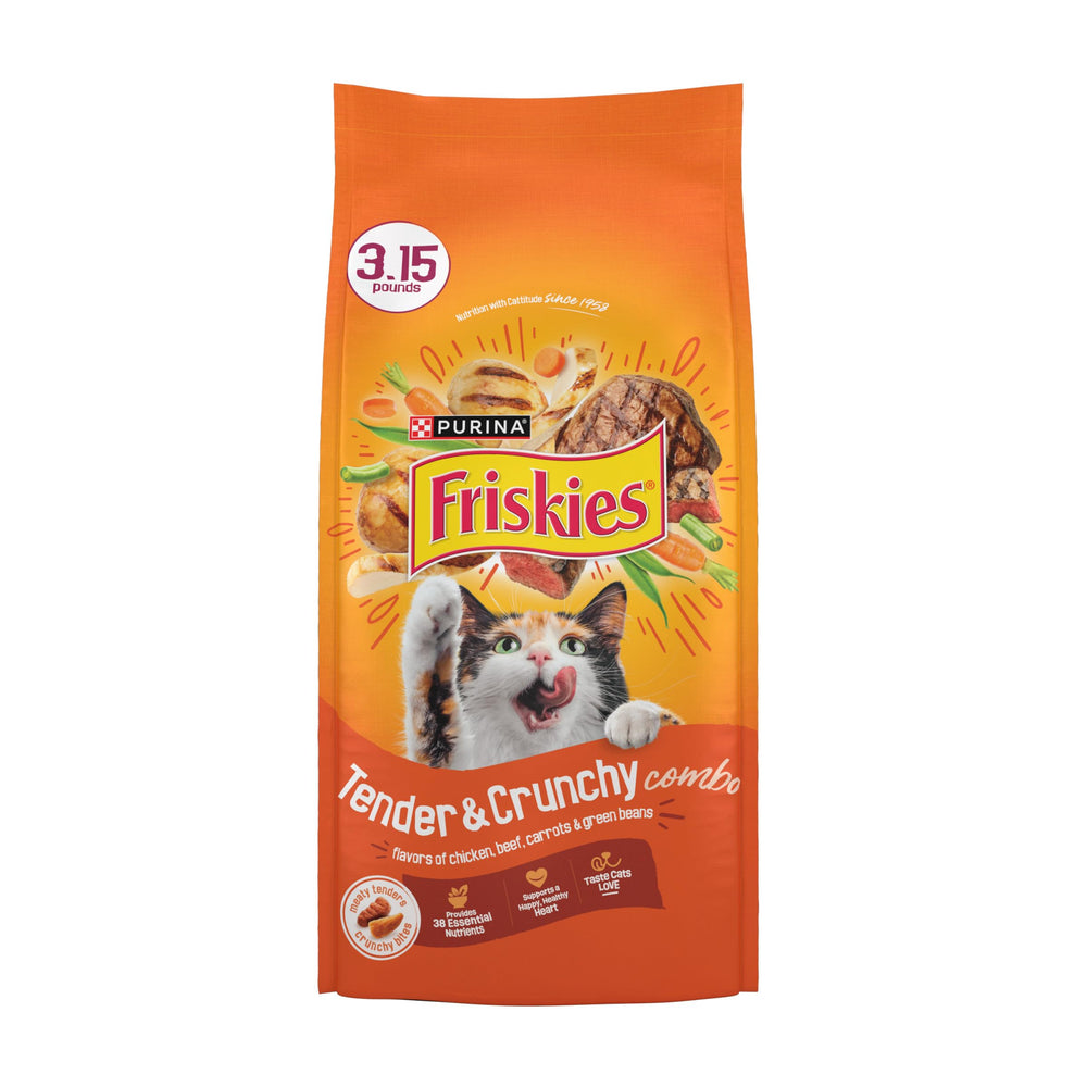 Friskies trozos tiernos y crujientes con pollo y res, para la hora de la comida.
