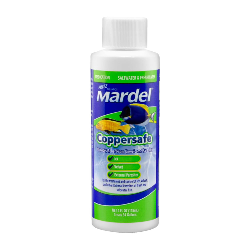 Fritz Mardel Coppersafe 4oz, botella para tratamiento de parásitos externos en acuarios.