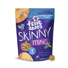 Fruitables Skinny Minis, empaque frontal, snack saludable para entrenamiento diario de perros.
