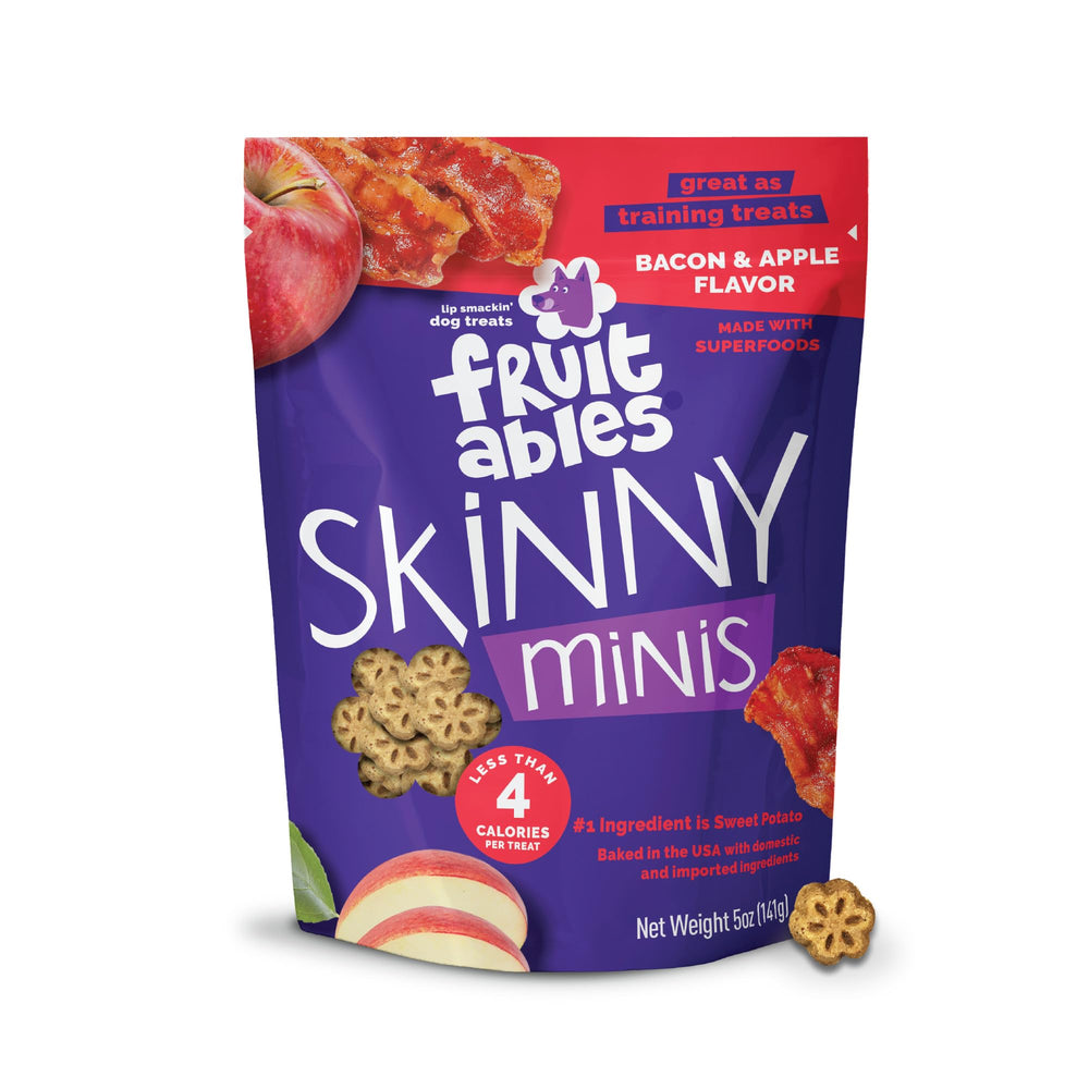 Fruitables Skinny Minis premio de tocino y manzana, ideal para entrenamiento diario.