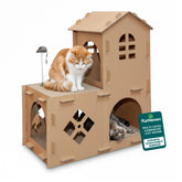FurHaven: casa de cartón de dos niveles para gatos, refugio cómodo en interior.