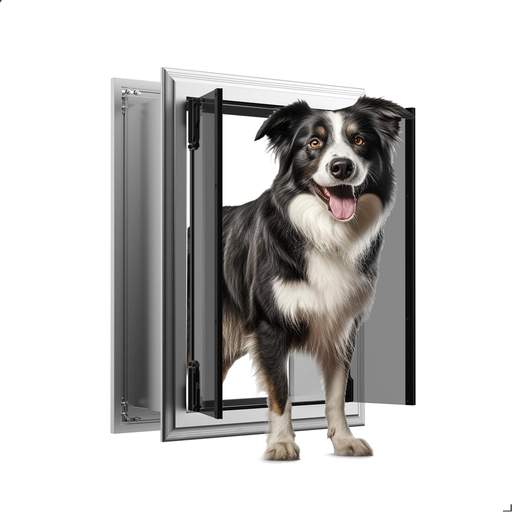FurrFinesse puerta-perro-pared-aluminio: resistencia duradera para perros de hasta 80 libras.