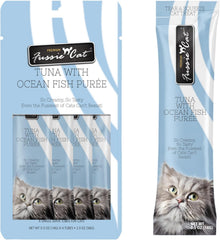 Purée de atún Fussie Cat en tubo, puré húmedo para hidratar la dieta felina.