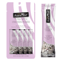 Fussie Cat puré de atún con pollo, textura cremosa para usar como cobertura.