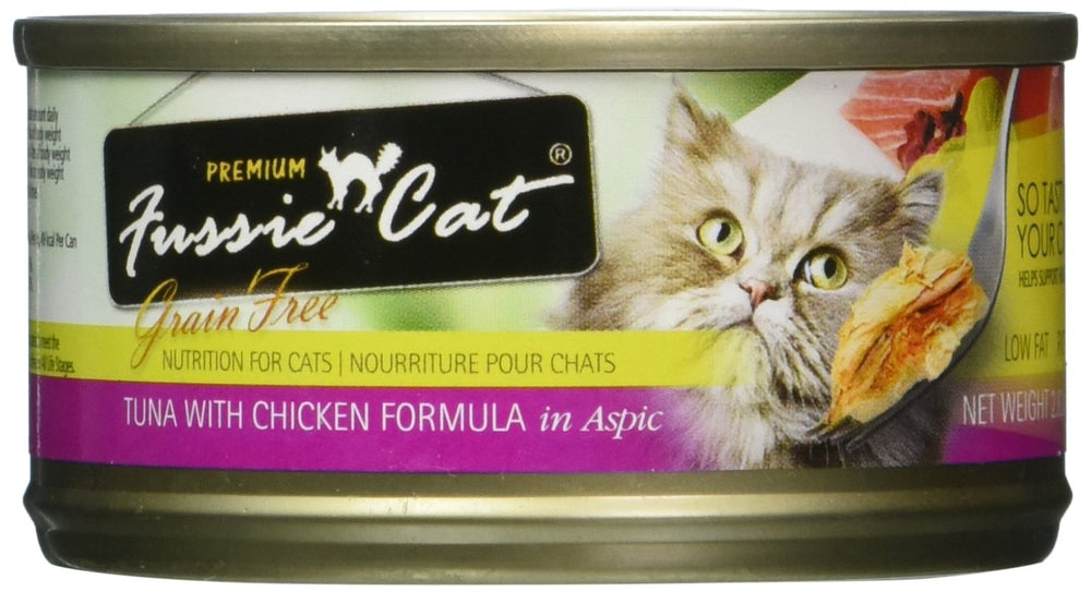 Fussie Cat sin-granos: lata de atún y pollo vista frontal para alimentación diaria