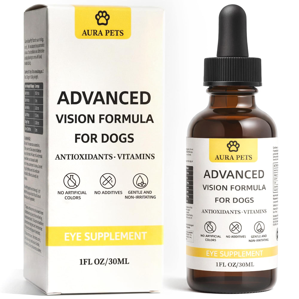 Aura Pets gotas para ojos en botella, apoyo diario para la claridad visual.