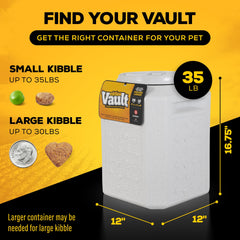 Gamma2 Vittles Vault muestra su capacidad de 35 libras para alimentos secos.