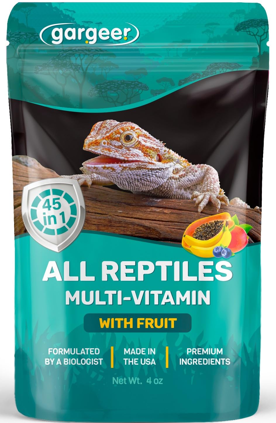 Gargeer multivitamínico con fruta, frasco compacto para crecimiento y desarrollo de reptiles.