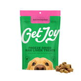 Get Joy hígado de res deshidratado para perros, empaque práctico para snack diario.