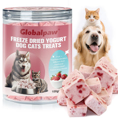 Globalpaw yogur liofilizado con fresa para perros y gatos, snack crujiente.