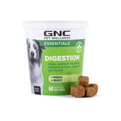 GNC Pets Essentials avec bocal réutilisable montrant les friandises, fraîcheur préservée.