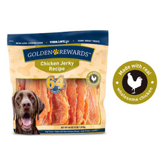 Golden Rewards jerky de pollo, porciones controladas para masticar con seguridad.