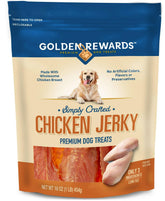 Golden Rewards jerky de pollo en empaque para perros, snack sabroso.