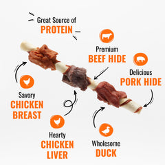 GOOD 'N' FUN brochetas triple sabor pollo real envuelve el producto con sabor.