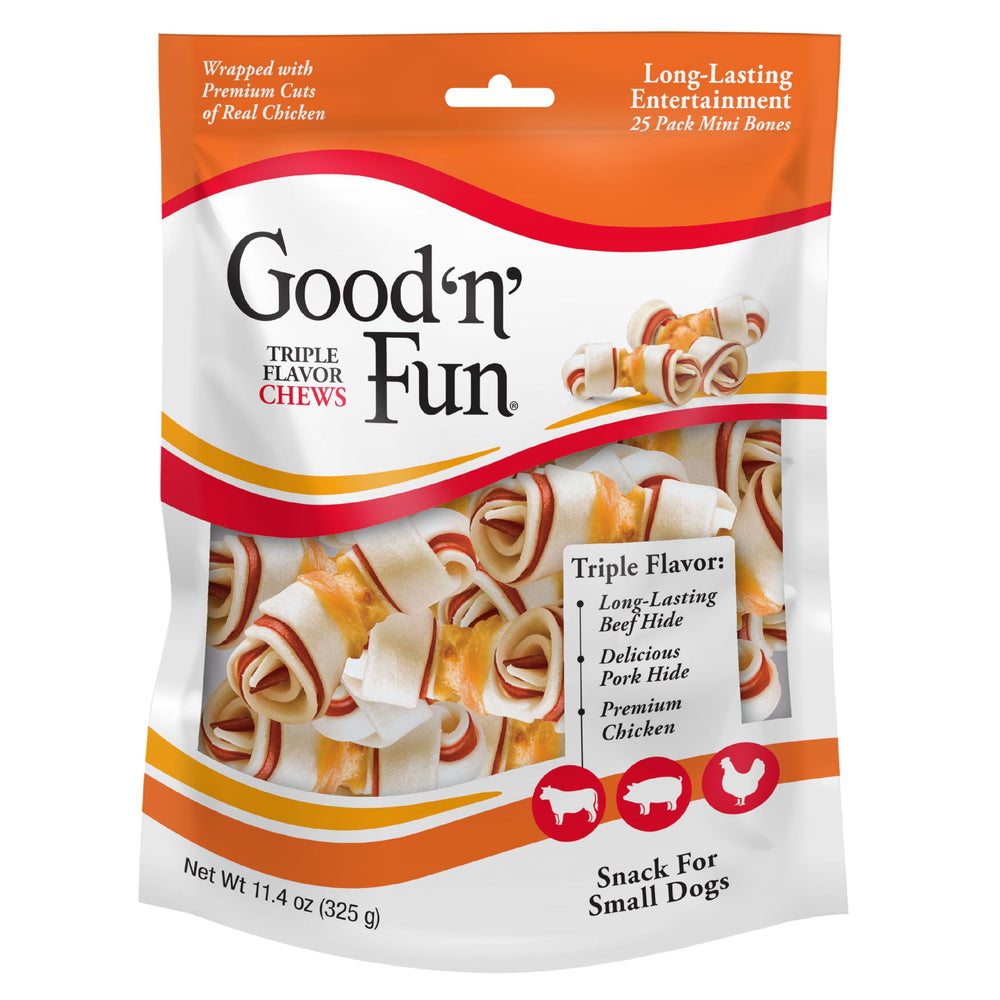 GOOD 'N' FUN Huesos mini sabor triple en empaque, ideal para perros pequeños.