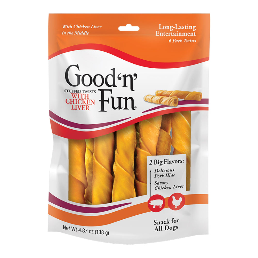 GOOD 'N' FUN torcidos de piel de cerdo con hígado y pollo, paquete para masticar.