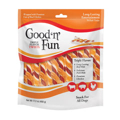 Good 'n' Fun Triple Flavor Twists en empaque, snack duradero para perros activos.