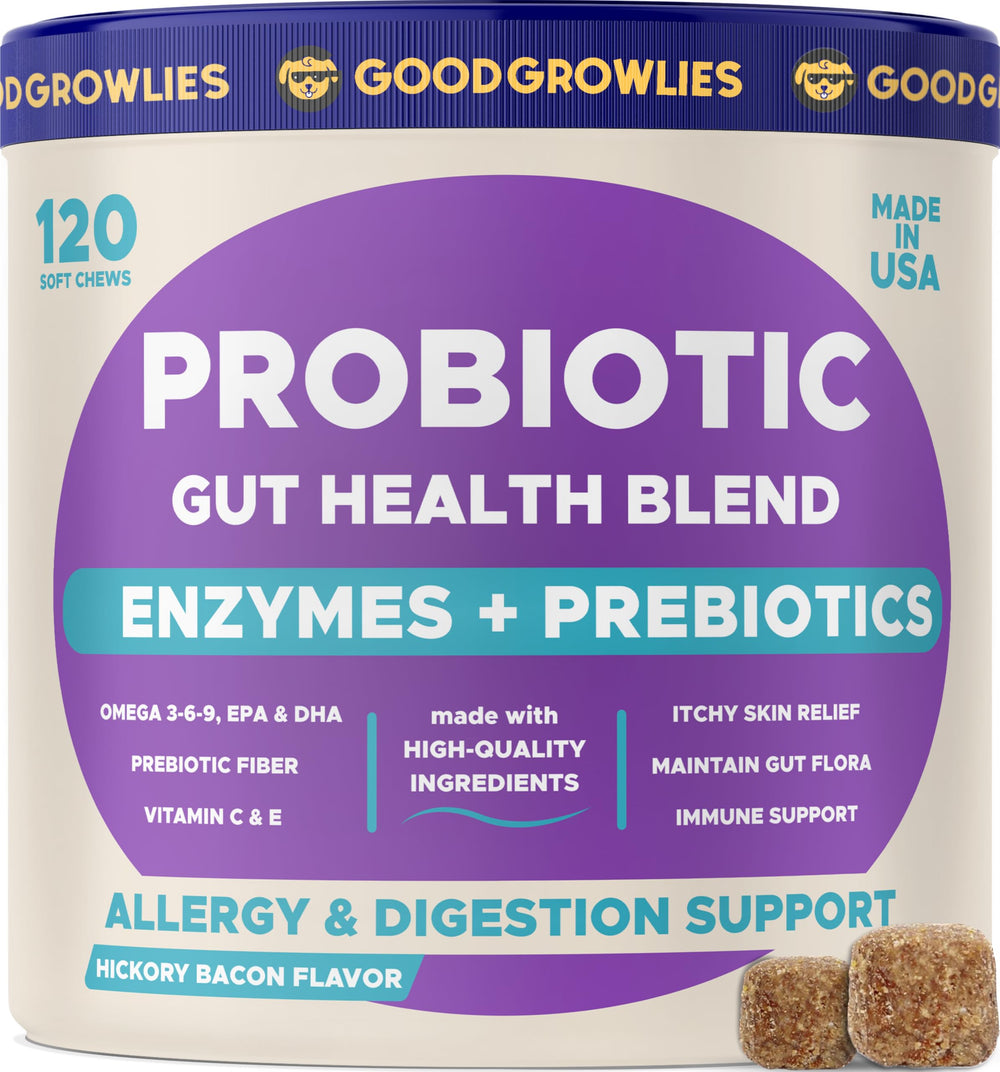 GOODGROWLIES Probióticos para perros: botella de chuches para apoyar la digestión.