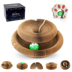 Goosheep Kitty Kurlz muestra el acordeón rascador para gatos, ideal para juego diario.