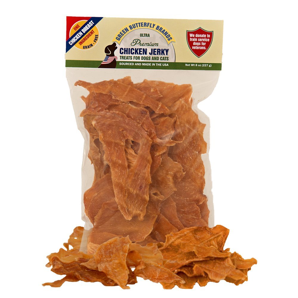 Green Butterfly Brands Chicken Jerky: bolsa de 8 onzas, snack premium para perros.