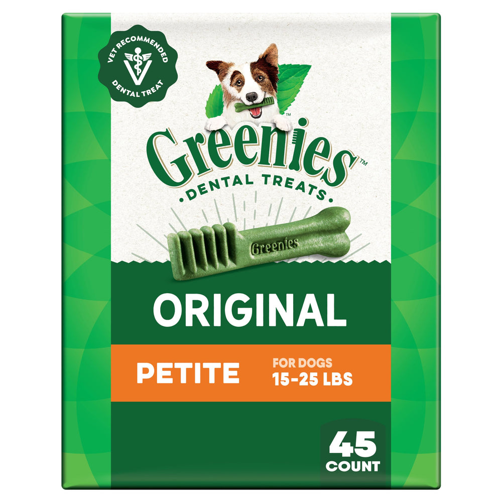 Greenies dentales originales para perros pequeños, empaque 27oz y cuidado diario.