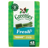 Greenies dentales, frente del paquete 12 oz, ayuda a la limpieza dental diaria.
