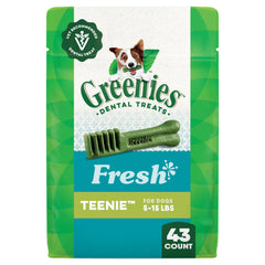 Greenies dentales, frente del paquete 12 oz, ayuda a la limpieza dental diaria.