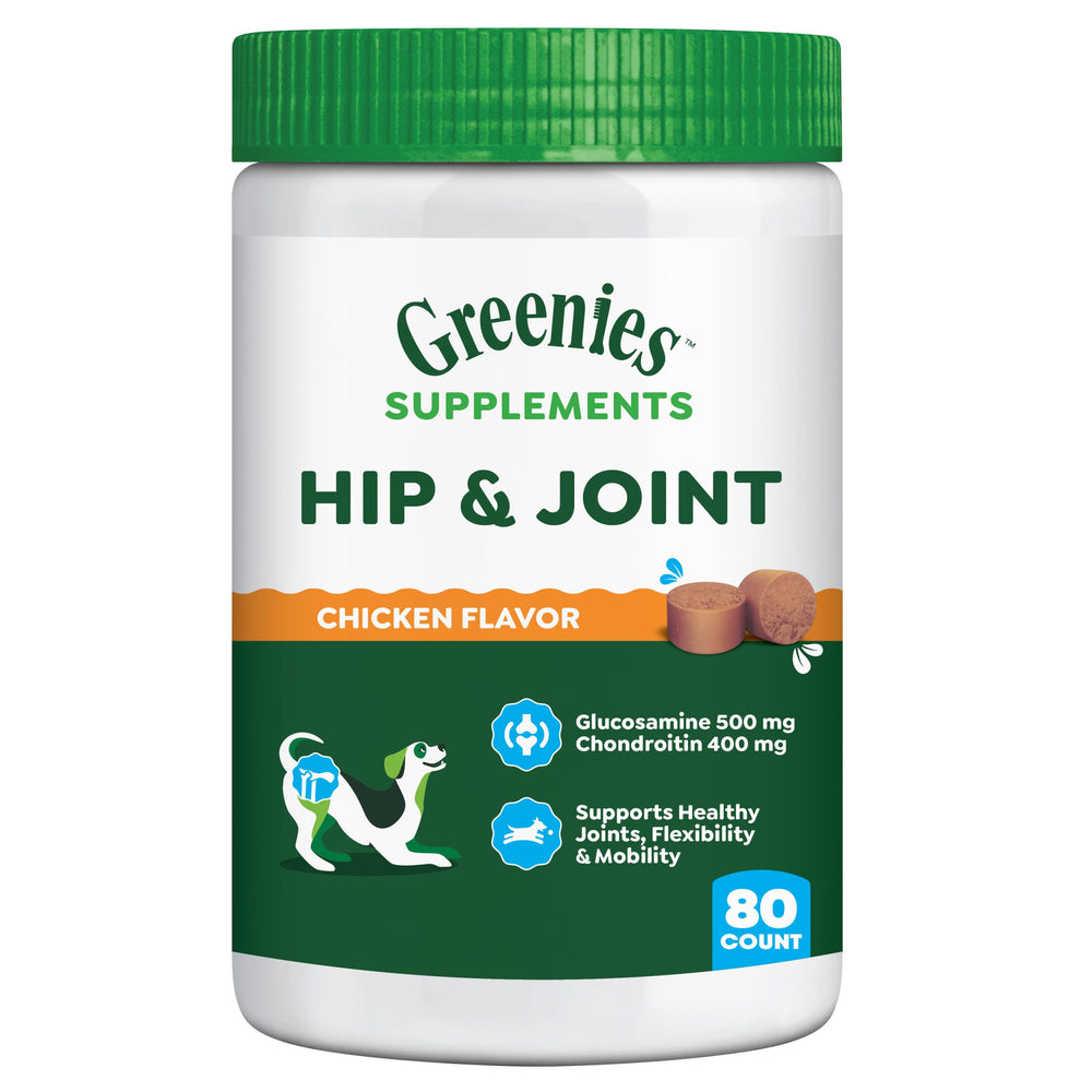 Greenies envase de suplementos para cadera de perro, ideal para movilidad diaria.