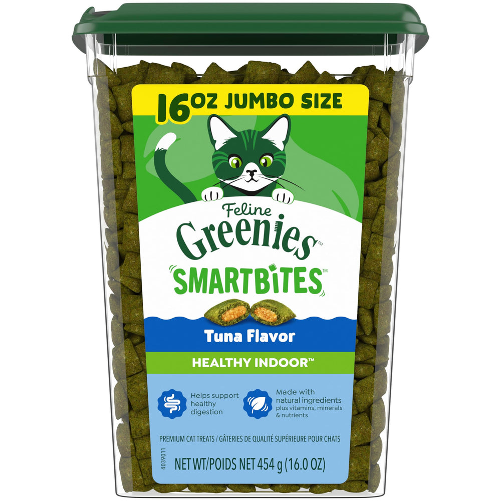 Greenies Feline Smartbites en frasco para gatos interior, favorece la digestión.