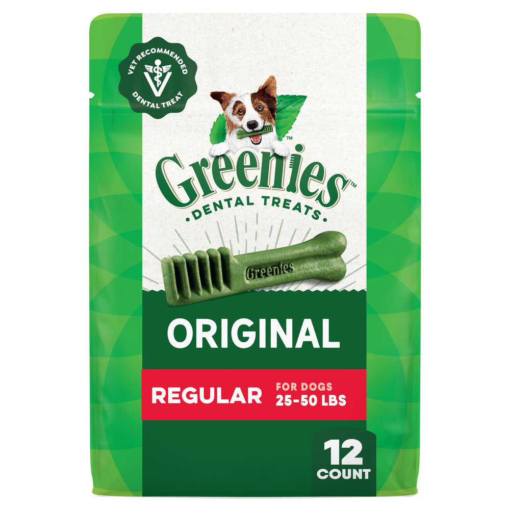 Greenies originales masticables dentales en paquete de 12oz, centrados en la limpieza dental.