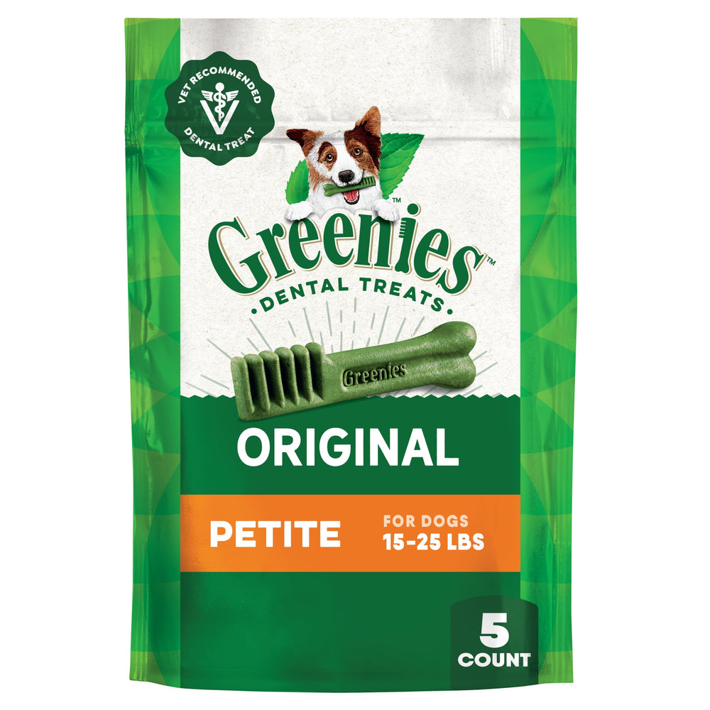 Greenies original para perros pequeños, paquete de masticables dentales que apoyan la limpieza diaria.