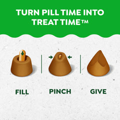 Greenies Pill Pockets, cápsula dentro de la bolsita, toma rápida y fácil.