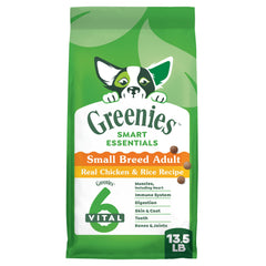 Greenies Smart Essentials para razas pequeñas: bolsa de 13,5 lb con pollo real para digestión saludable.