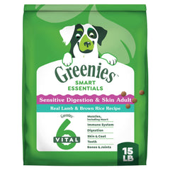 Greenies Smart Essentials en bolsa; enfoque en digestión suave y piel saludable.