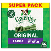 Greenies: frente del empaque con tratamiento dental para perro grande, apoyo al aliento fresco.