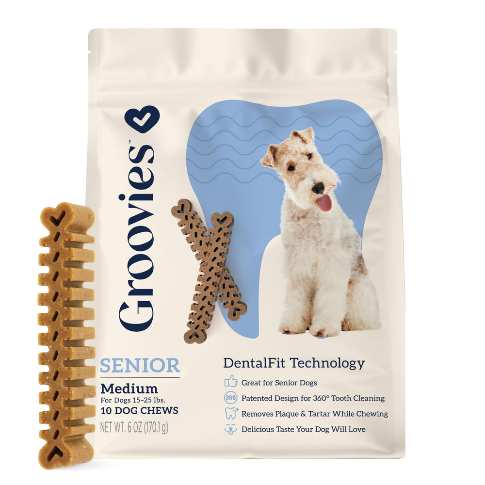 Groovies masticables dentales senior para perros, textura suave para comodidad diaria.