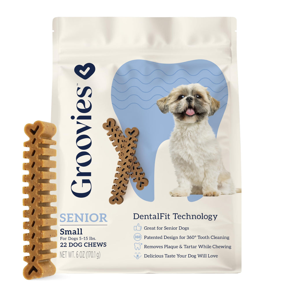 Groovies Senior dental chews: empaque práctico para perros pequeños.