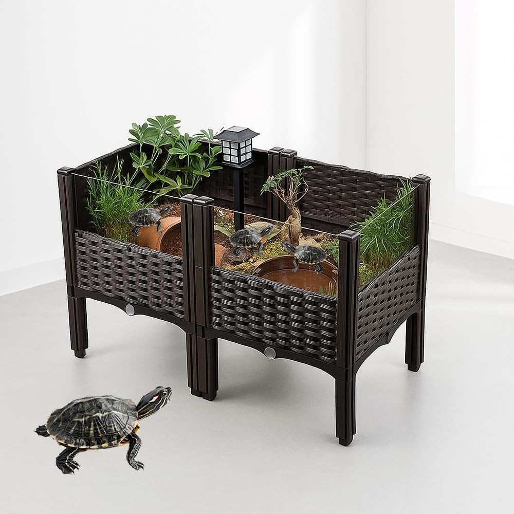 Caja de hábitat elevada para tortugas, dos niveles, facilita zonas secas y húmedas.