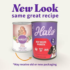 Halo lata con res en caldo, sabor irresistible para perros.