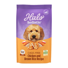 Halo Holistic pollo sin jaula con arroz marrón; croquetas para apoyar la digestión.