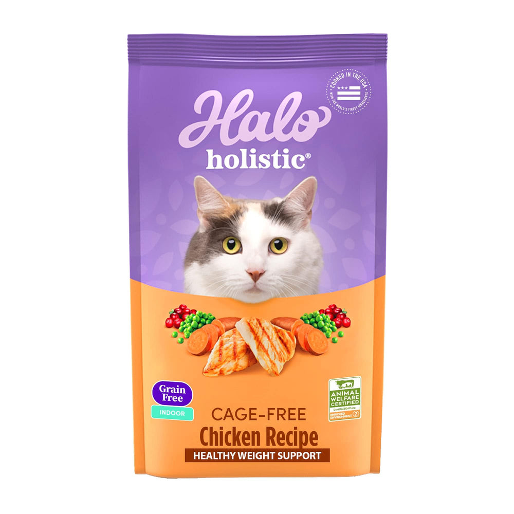 Halo Holistic alimento seco para gatos con pollo integral, promueve energía sostenida.