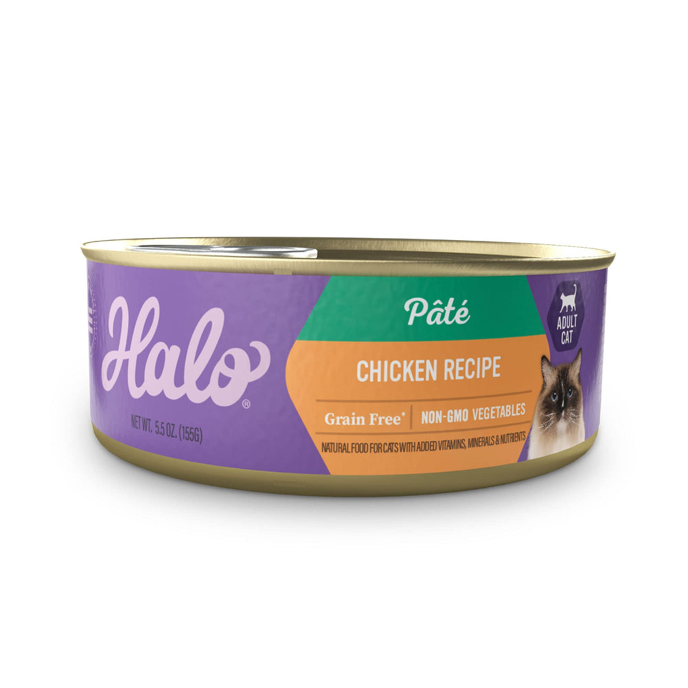 Halo alimento en lata de pollo entero en paté, sabor robusto para la comida diaria del gato.
