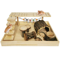 Parque Hamiledyi para hámster enano con plataforma de madera para juego.