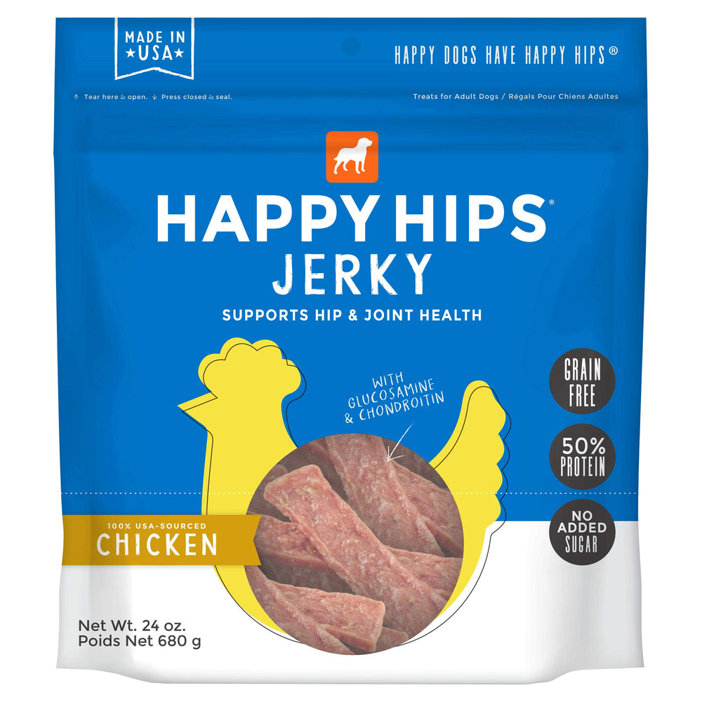 Happy Hips Jerky para perros, empaque de 24 oz, práctico para guardarlo.