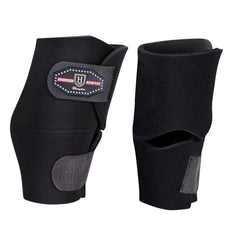 Bota Harrison Howard para rodilla de caballo, vista frontal, protección durante el movimiento.