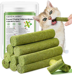 HavenJanny: empaque visible del snack de hierba para gatos, fácil de usar.