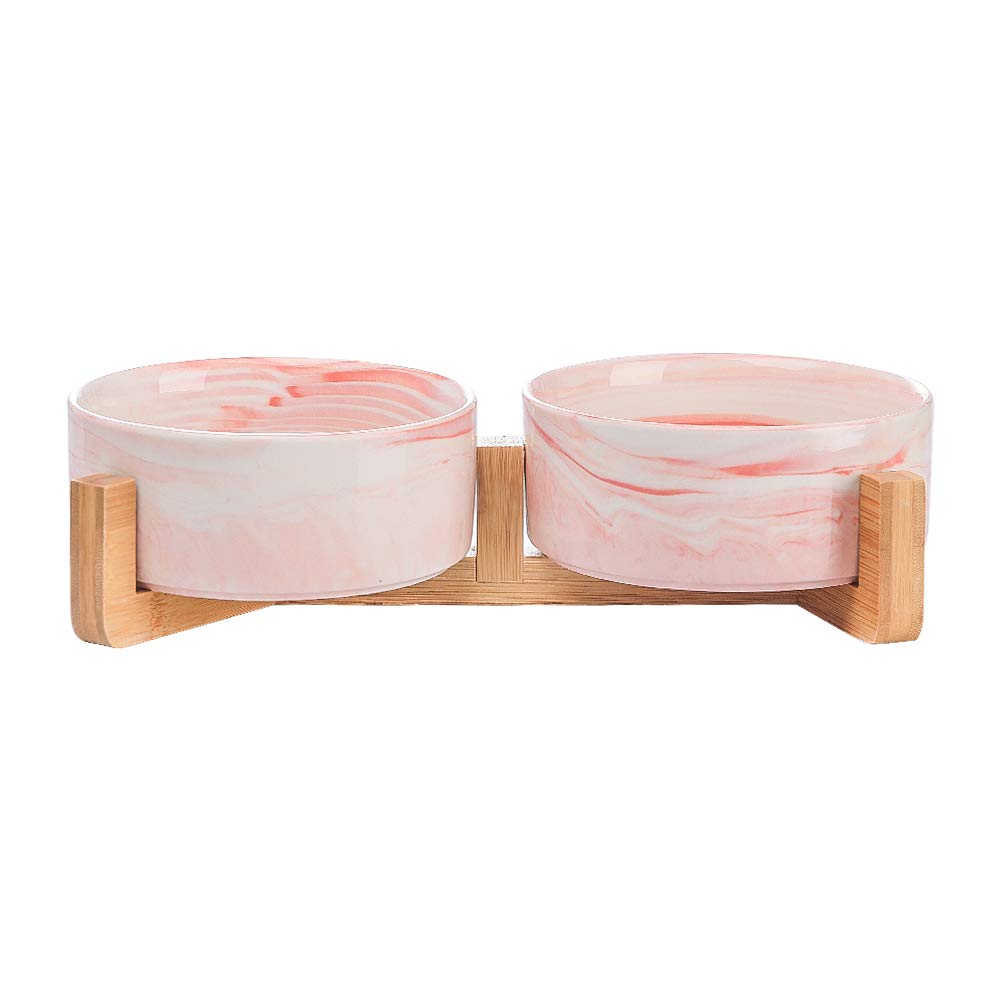 Tazón cerámico HCHLQLZ de mármol rosado con base de madera para gatos y perros.